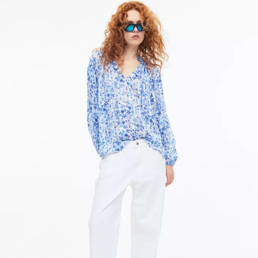 H&M Frill Crepe Floral Long Sleeve Blouse